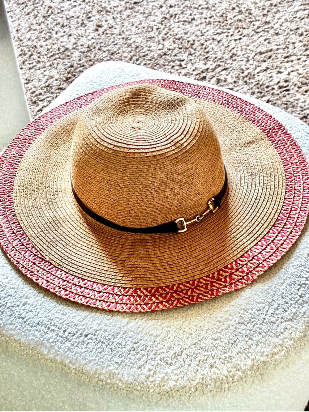 Wide Brim Sun Hat with Orange & White Trim and Brown Band with Gold Clasp